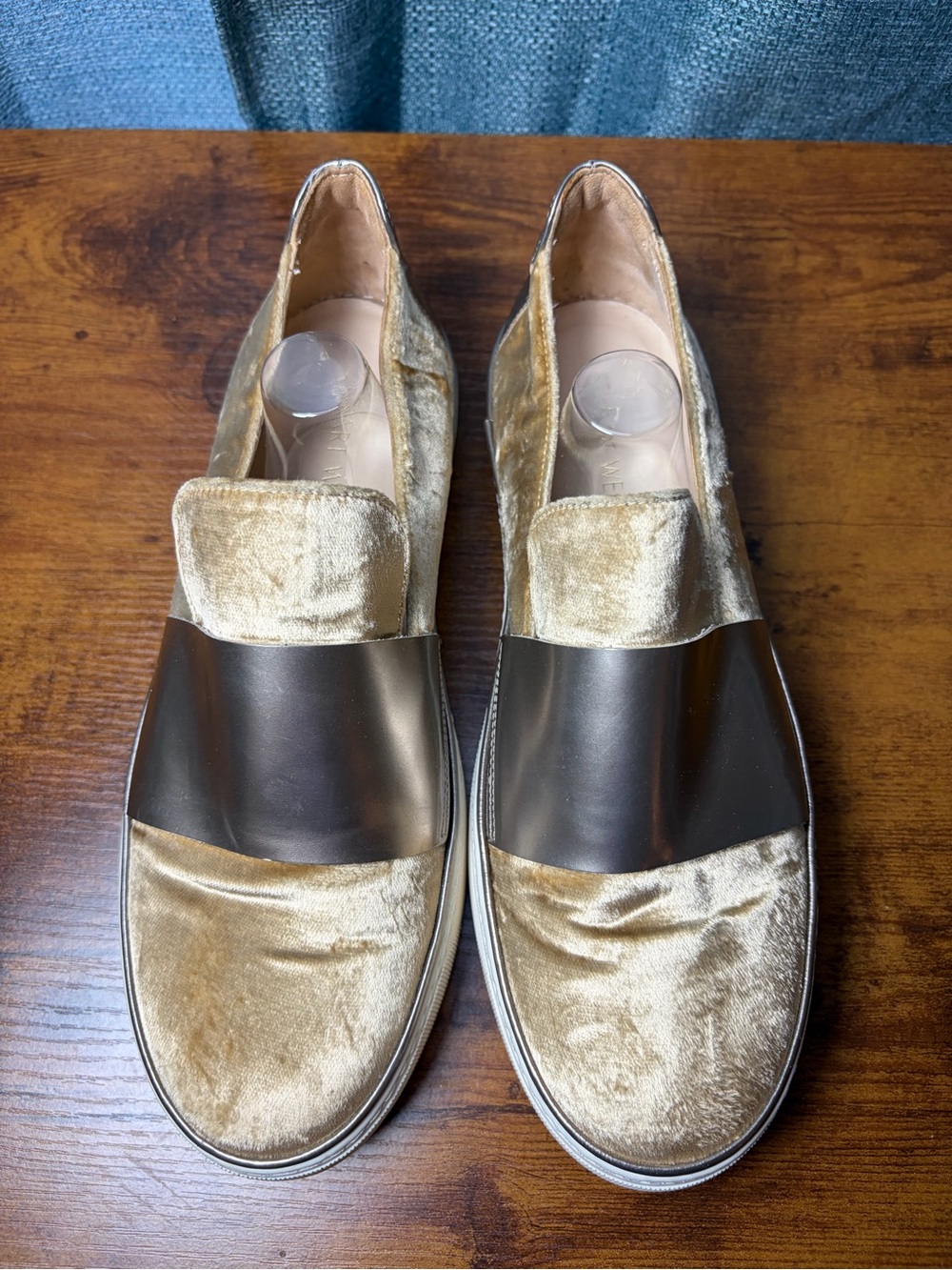 Stuart Weitzman The Boyband Gold Velvet Slip-On Sneakers - Size 7